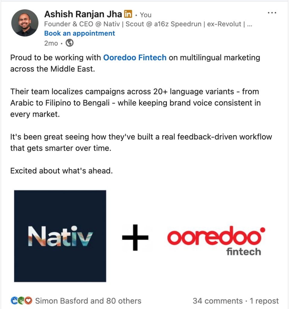 Nativ LinkedIn post announcing work with Ooredoo Fintech across multilingual marketing