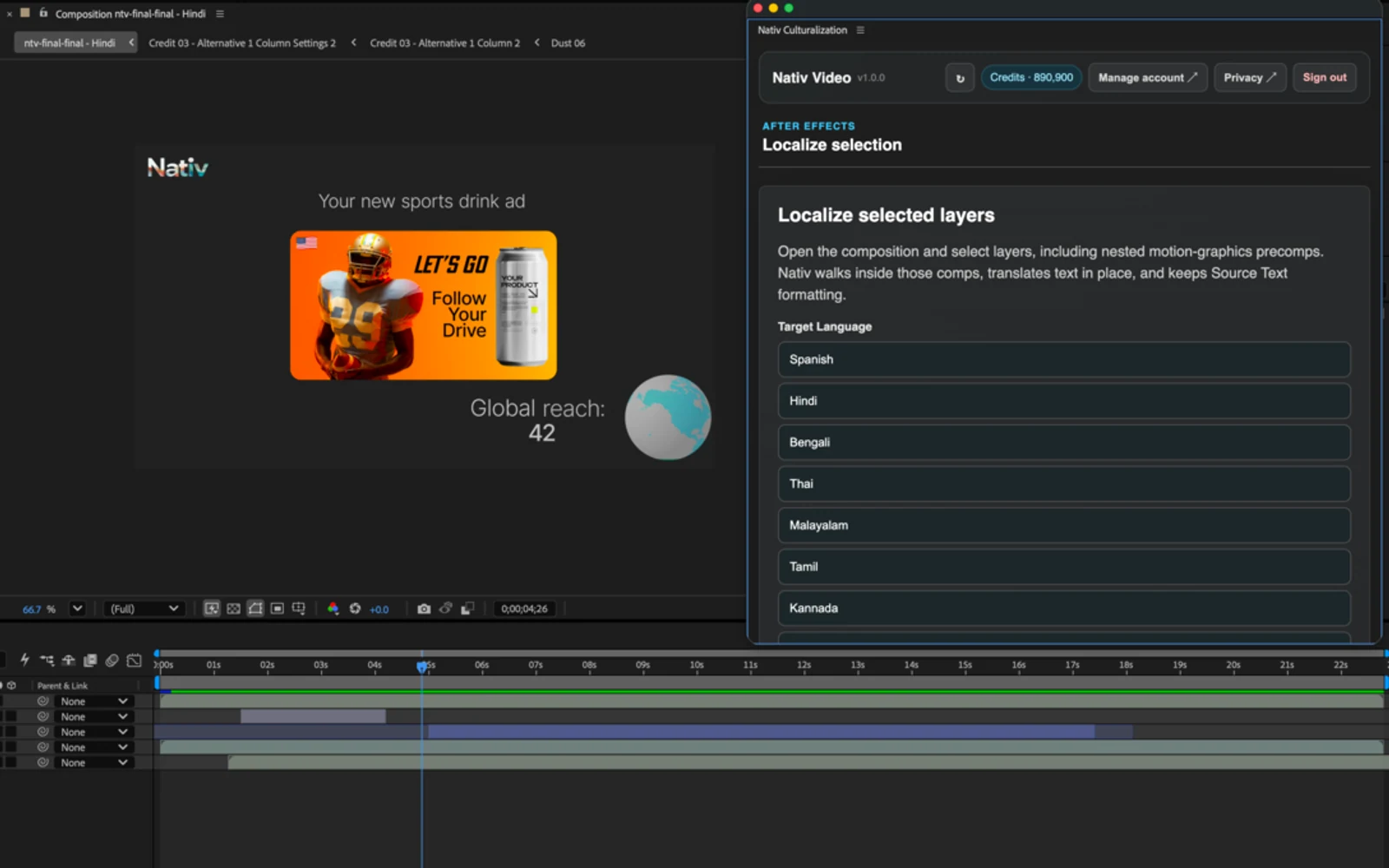Nativ’s localisation panel beside a sports drink composition and its timeline in After Effects.