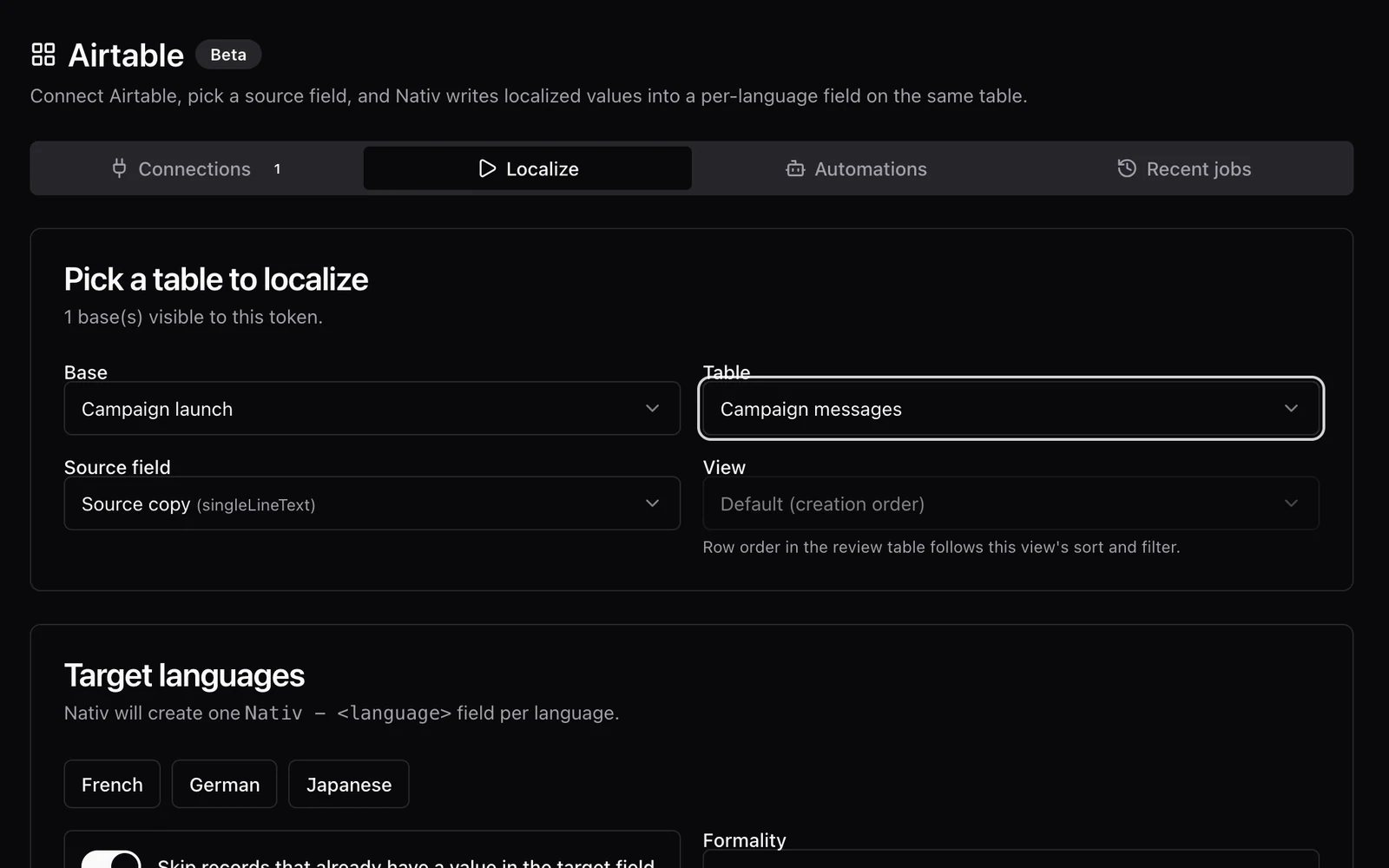 Nativ’s Airtable form showing a demo base, source field, language choices, context and glossary controls.