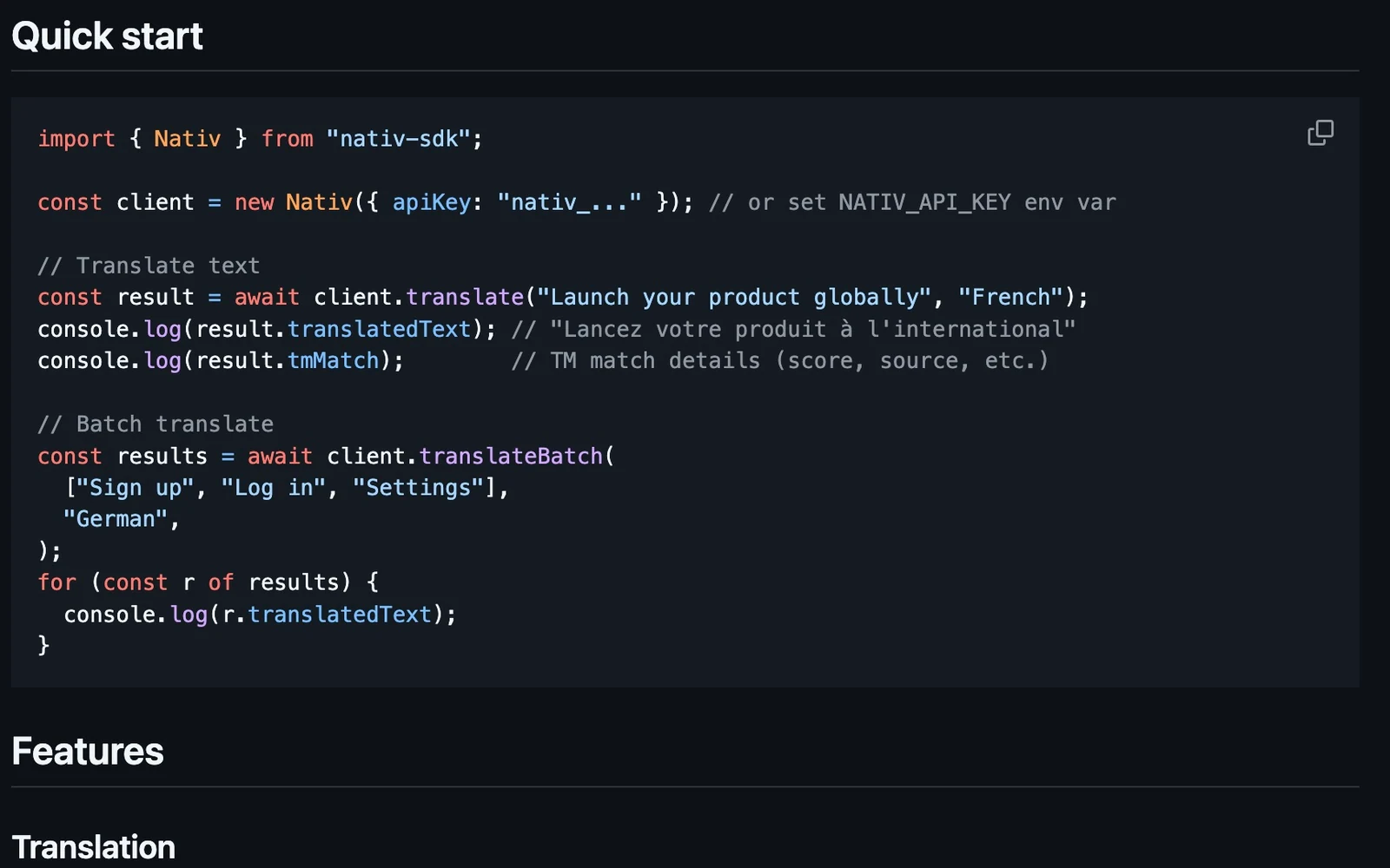 The official TypeScript SDK quickstart showing Nativ client setup and text translation examples.