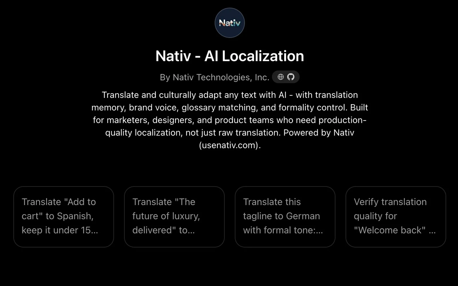 The public Nativ AI Localization GPT page with its description and suggested translation requests.