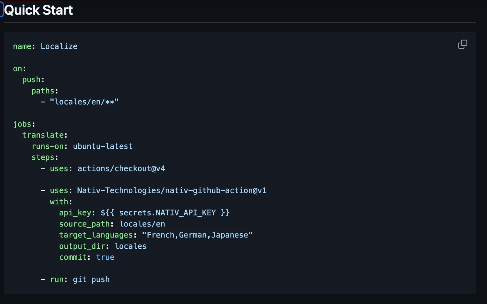 The published Nativ Localize README showing the action’s YAML quickstart and secret reference.