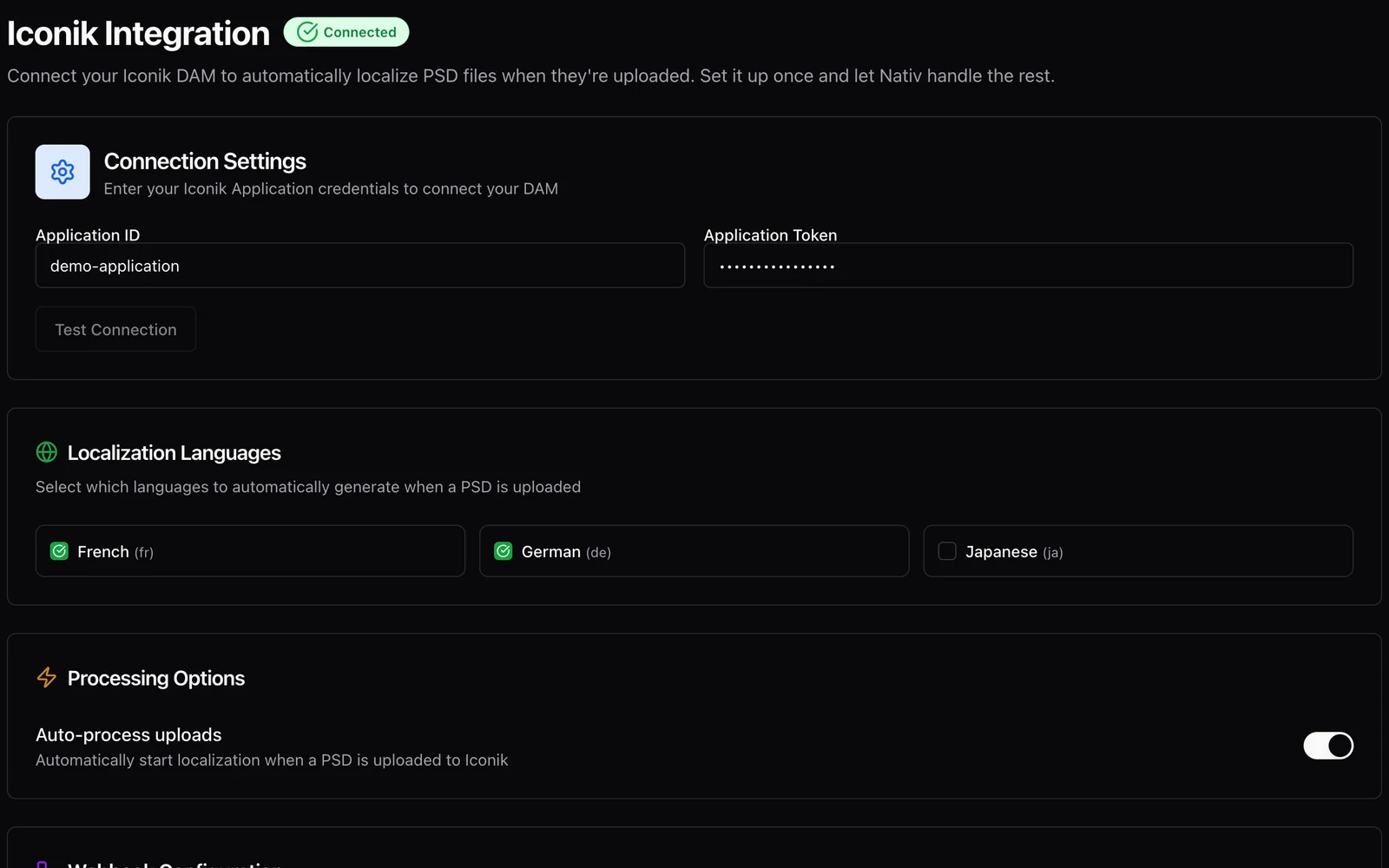 Nativ’s iconik settings showing language choices, automatic-processing controls and a demo webhook.