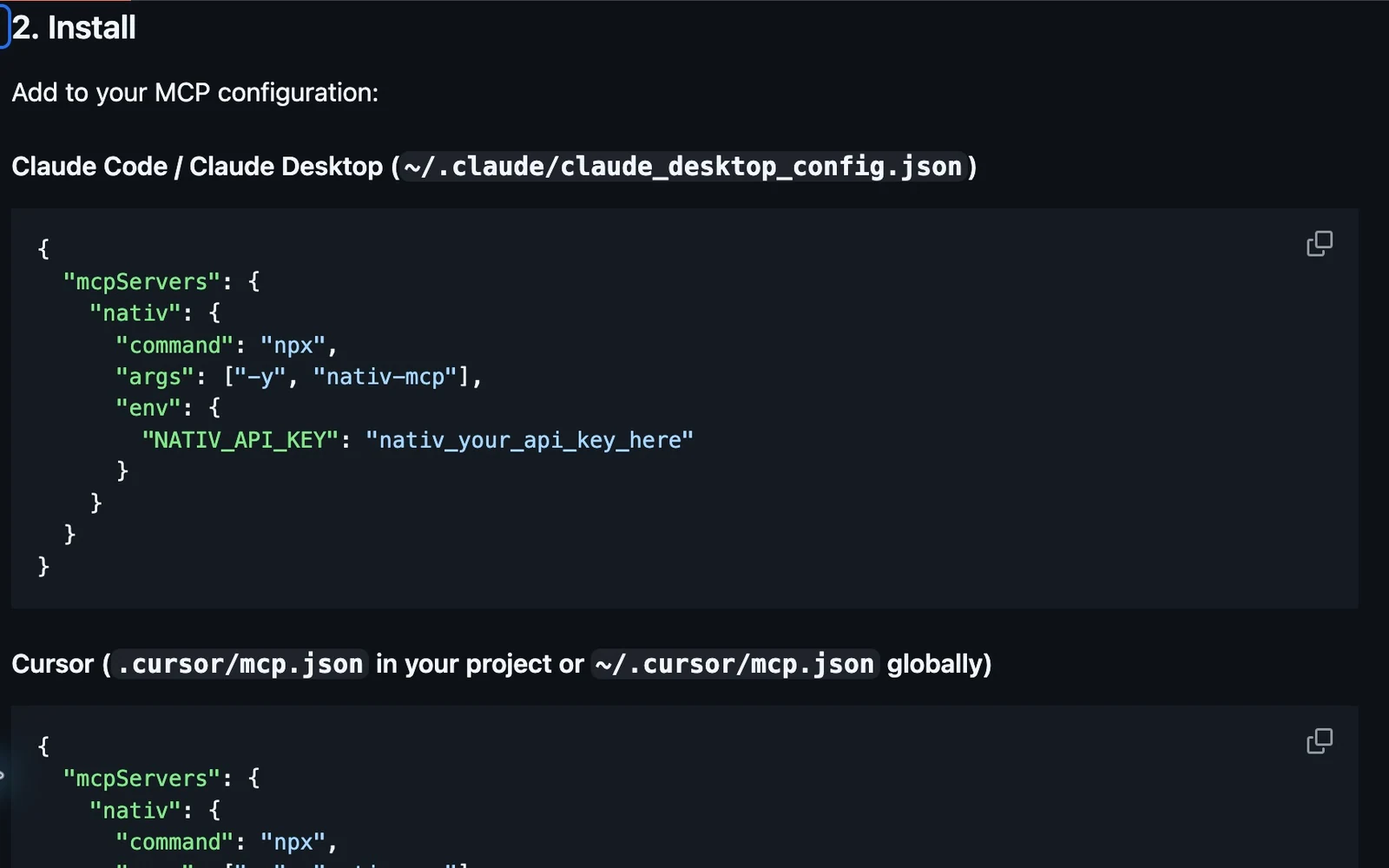 The real Nativ MCP setup instructions, including the Claude Code and Claude Desktop configuration example.