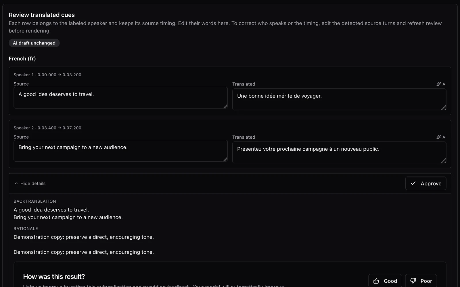 Nativ’s audio review panel showing two timed speaker turns with source text and French demonstration translations.