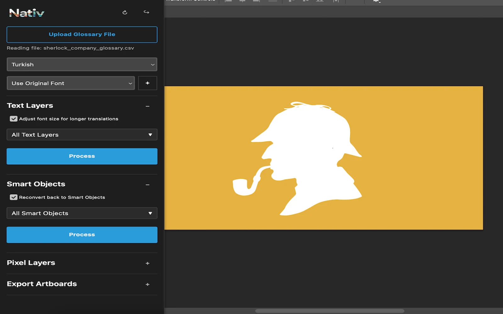 The Nativ Photoshop panel with glossary and layer controls beside a yellow Sherlock Holmes silhouette design.