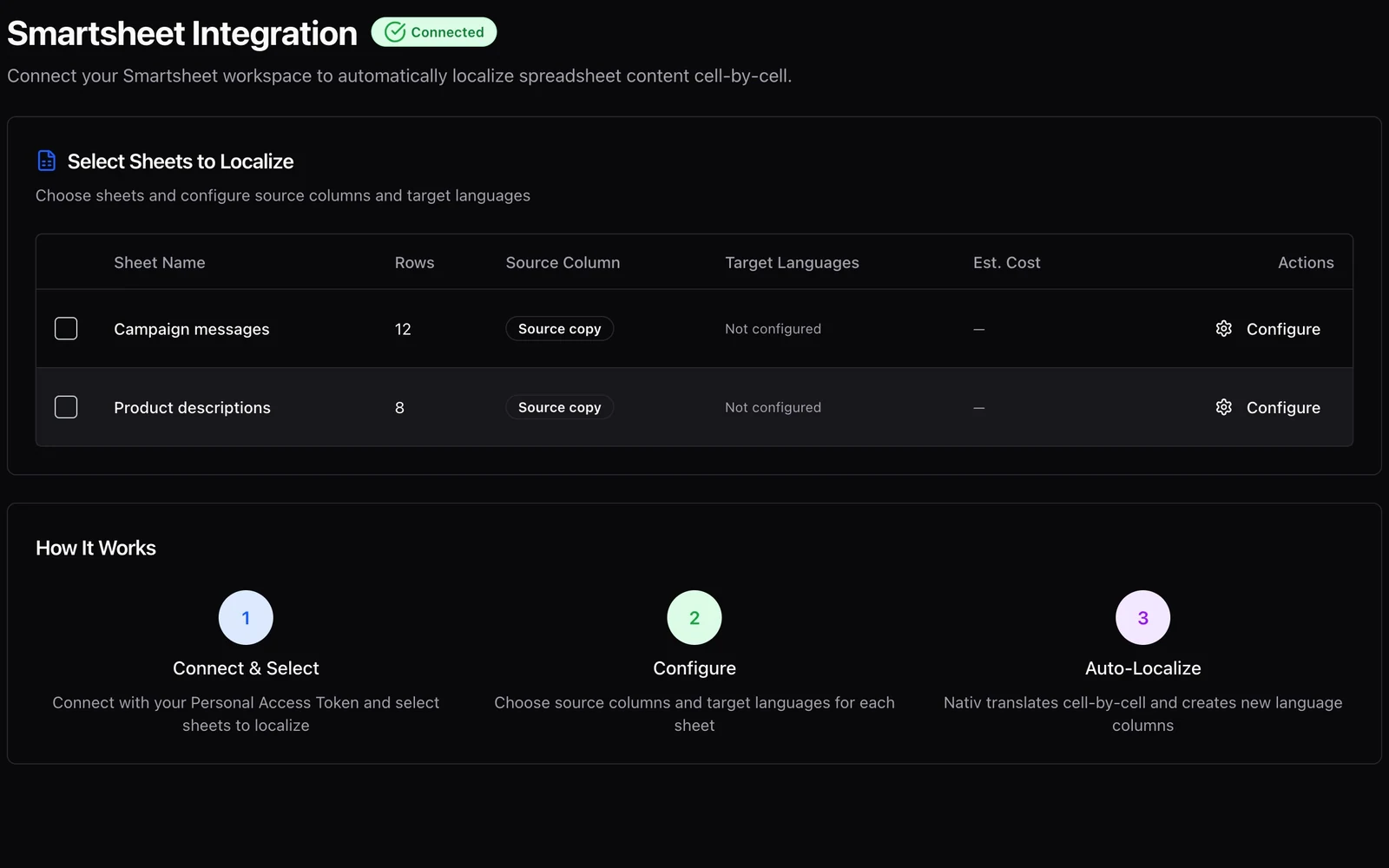 Nativ’s Smartsheet screen listing demonstration sheets and their source-column configuration.