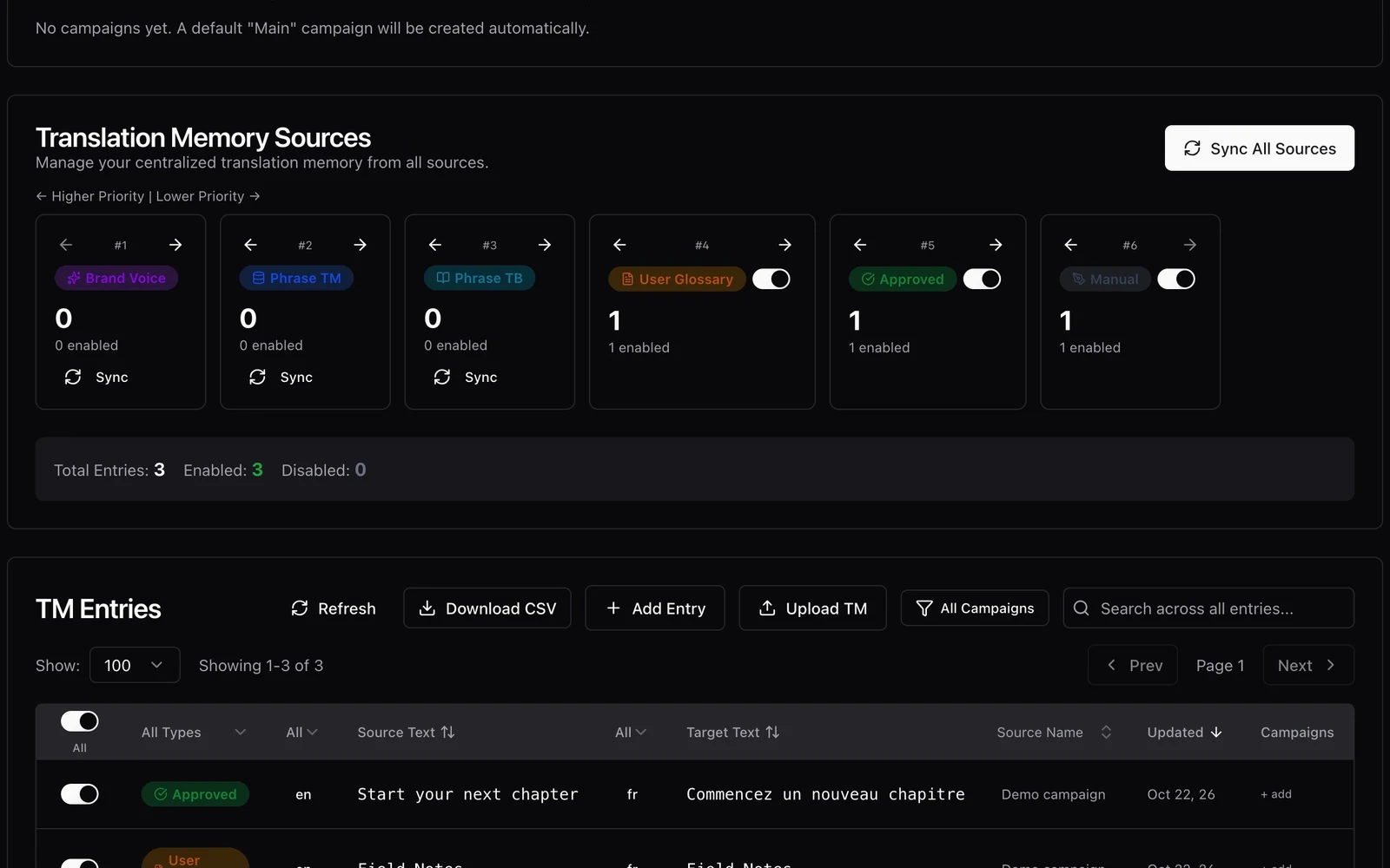 Nativ translation-memory sources and sample entries with language pairs and recorded origins.