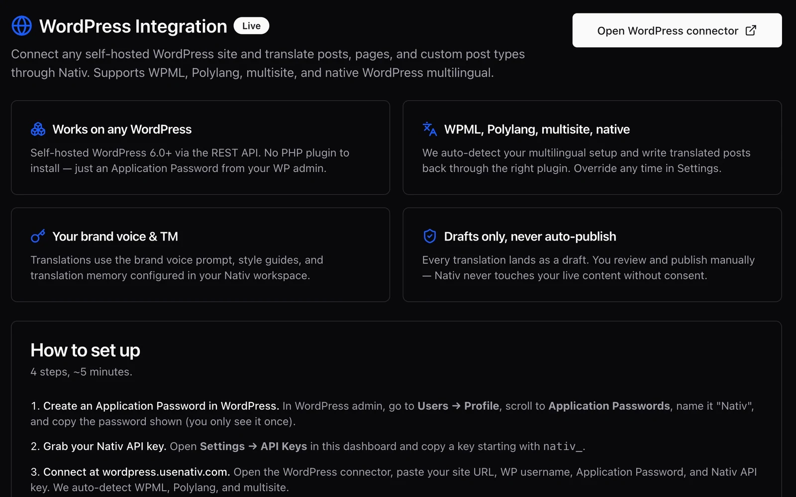 The Nativ WordPress integration screen explaining supported setups and its draft-only publishing handoff.