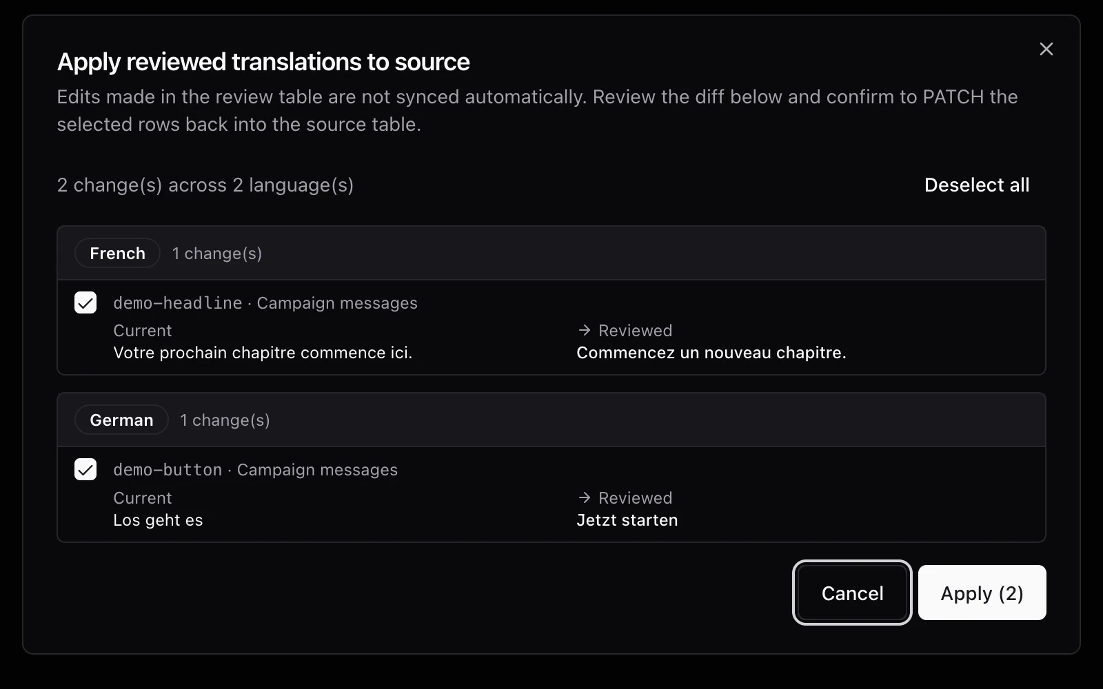 The actual Nativ reviewed-writeback dialog comparing current and reviewed values for two fictional Airtable records.